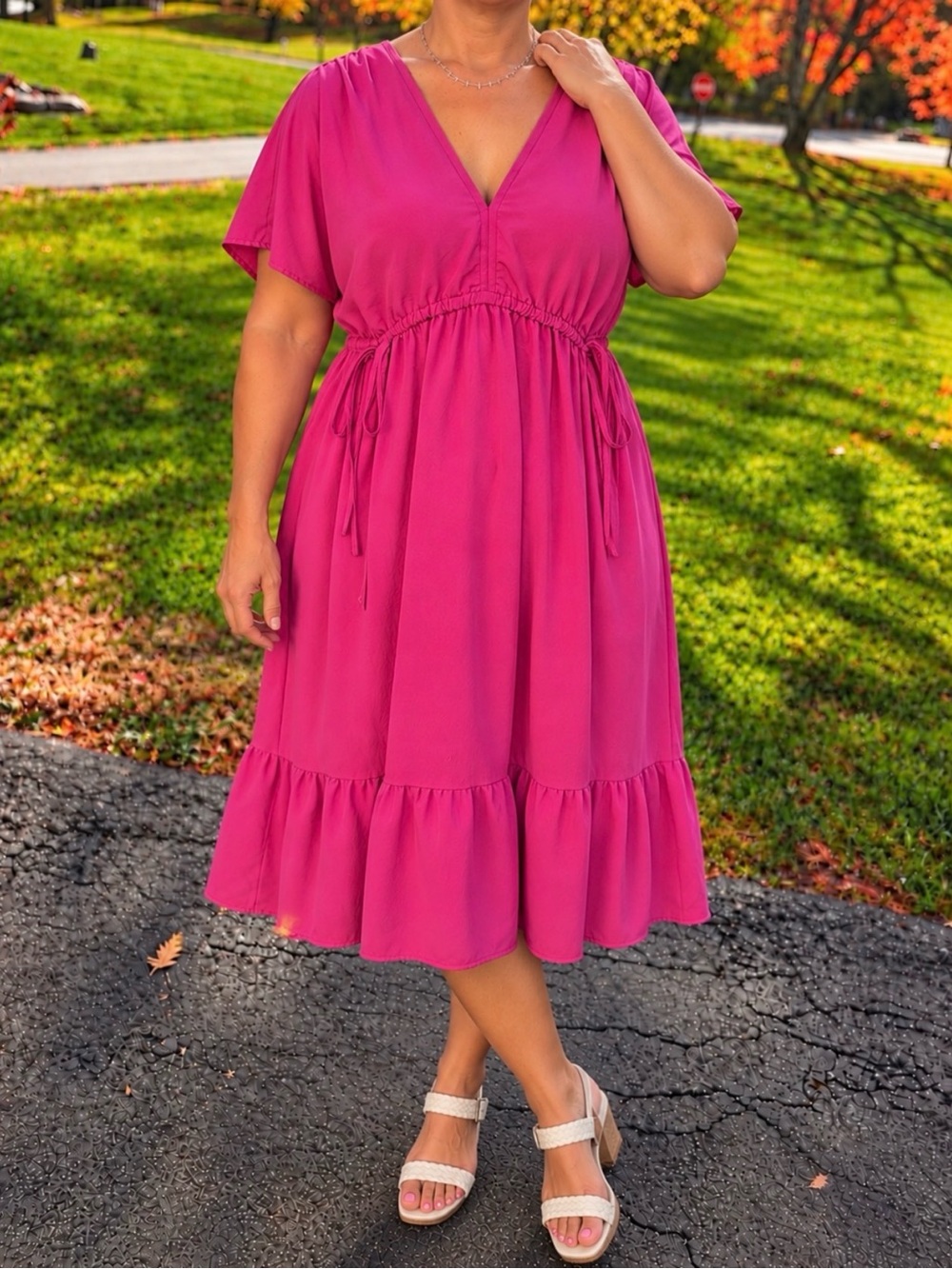Bright Fuchsia V-Neck Tiered Drawstring Dress